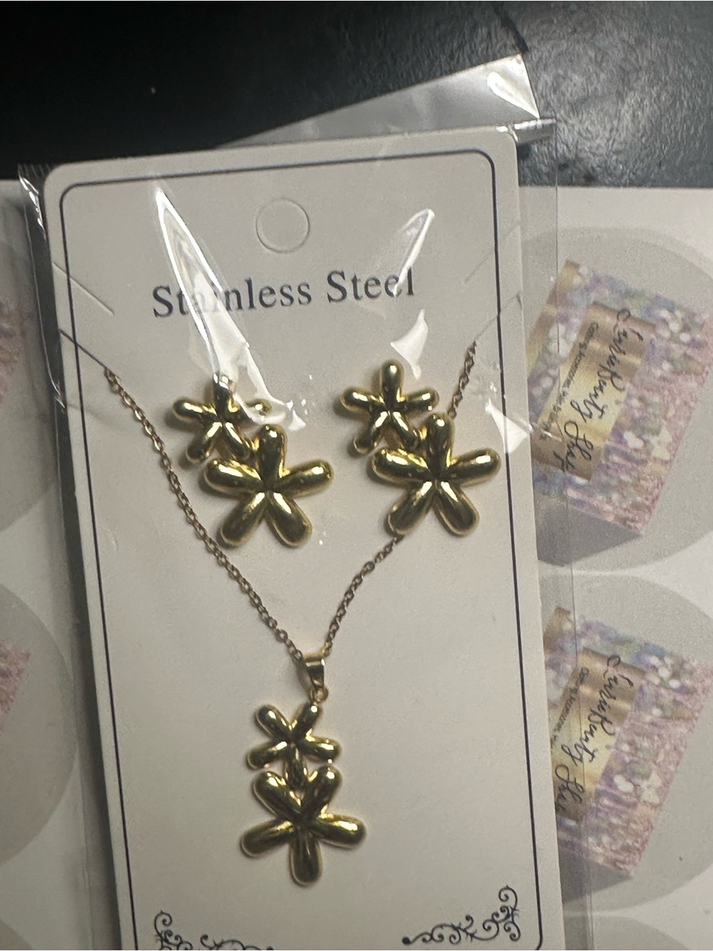 Gold Floral Stainless Steel Necklace and Earring Set